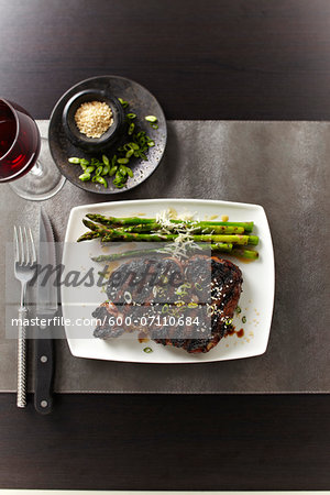 Overhead View of Steak and Asparagus, Studio Shot Overhead View of Steak and Asparagus, Studio Shot