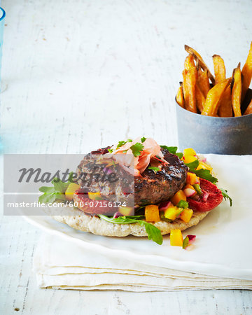 Fresh Burger With Sweet Potato Fries, studio shot Fresh Burger With Sweet Potato Fries, studio shot