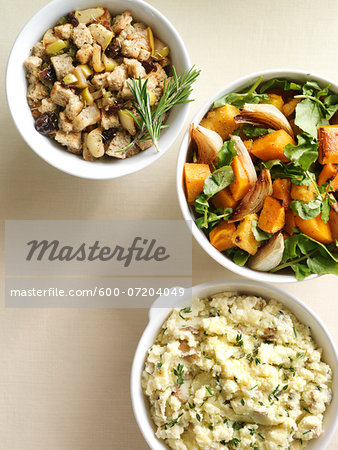 Overhead View of Side Dishes of Squash, Potatoes and Stuffing, Studio Shot Overhead View of Side Dishes of Squash, Potatoes and Stuffing, Studio Shot