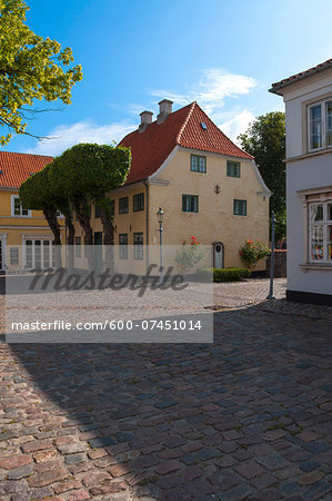 Typical painted houses and Cobblestone Street, Aeroskobing Village, Aero Island, Jutland Peninsula, Region Syddanmark, Denmark, Europe