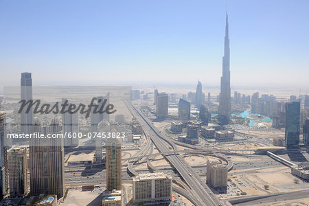 Aerial View of Traffic Junction of Sheikh Zayed Road with Burj Khalifa Skyscraper, Dubai, United Arab Emirates, Middle East, Gulf Countries.