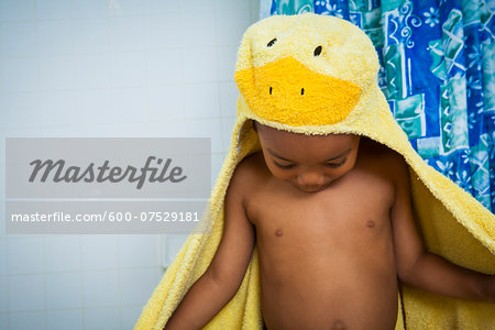 Boy coming out of Bath in Yellow Hooded Duck Towel