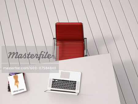 Digital Illustration of Overhead View of Desk with Red Chair, Laptop and Books