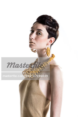 Portrait of Young Woman wearing Modern Jewellery, Studio Shot