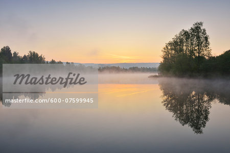 Lake at Dwan with Morning Mist, Spring, Mondfeld, Mainfranken, Franconia, Baden Wurttemberg, Germany