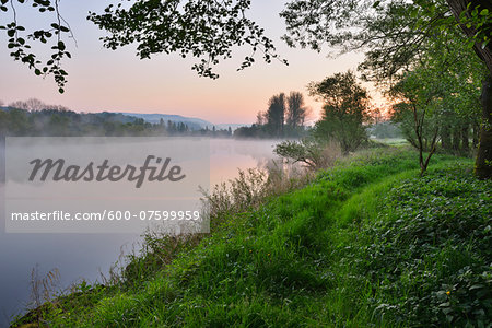 River Main in the Dawn, Spring, Dorfprozelten, Spessart, Franconia, Bavaria, Germany