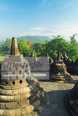 Borobodur with Mount Merapi in the distance, Kedu Plain, Java, Indonesia