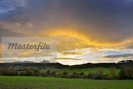 Landscape at Sunset and Stormy Sky, Castiglione d'Orcia, Val d'Orcia, Province of Siena, Tuscany, Italy