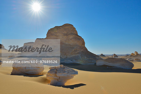 Sun over Rock Formations in White Desert, Libyan Desert, Sahara Desert, New Valley Governorate, Egypt