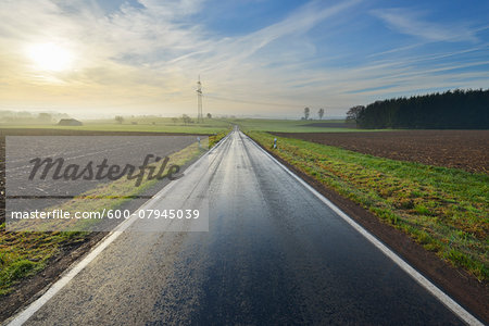 Country Road in Morning with Sun, Freiensteinau, Vogelsbergkreis, Hesse, Germany