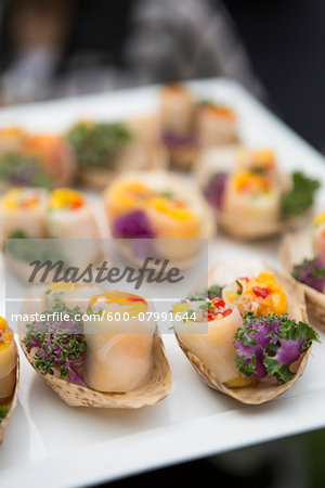 Close Up Of Vegetarian Spring Roll Appetizers At Wedding Reception