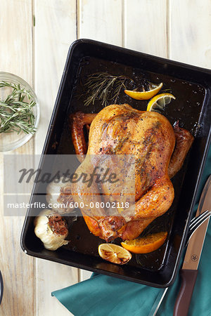 Roast chicken, garlic, rosemary and lemon in a roasting pan with a carving knife and fork, studio shot