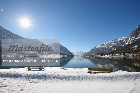 Landscape of Benches in Snow next to Grundlsee Lake in Winter, Liezen District, Styria, Germany