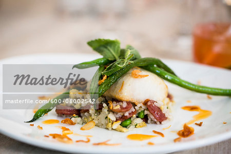 Close-up of black cod fish filet with a Chinese sausage and rice side dish and green beans on a dinner plate, at an event, Canada Close-up of black cod fish filet with a Chinese sausage and rice side dish and green beans on a dinner plate, at an event, Canada