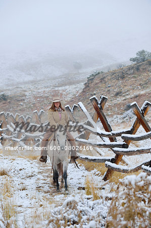 Cowgirl riding horse beside fence in snow, Rocky Mountains, Wyoming, USA
