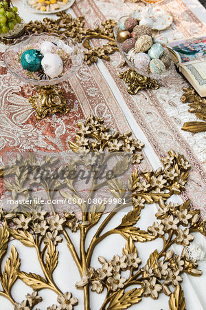 Koran, Eggs and Floral Decorations on Sofre-ye-Aghd for Persian Wedding Ceremony