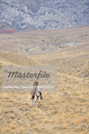 Cowboy riding horse in wilderness, Rocky Mountains, Wyoming, USA