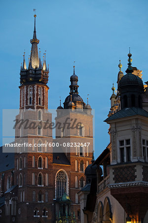Close-up of the Church of the Holy Virgin Mary and Cloth Hall, Main Market Square, Krakow, Poland.