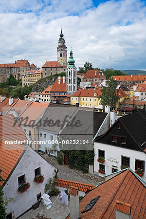 Overview of rooftops with Cesky Krumlov Castle, Cesky Krumlov, Czech Republic.