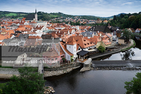 Scenic overview of Cesky Krumlov with St Vitus church in background, Czech Replublic.