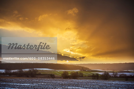 Field Landscape at Sunrise in the Winter, Dietersdorf, Coburg, Bavaria, Germany Field Landscape at Sunrise in the Winter, Dietersdorf, Coburg, Bavaria, Germany