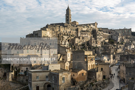Overview of Sassi with the bell tower of the cathedral at the highest point called Civita, Matera, Basilicata, Italy