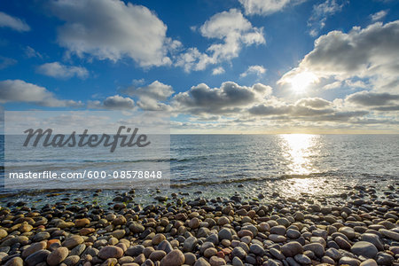 Sky with Clouds and Sun over pebble Beach, Summer, Sealands Odde, Odsherred, Baltic Sea, Zealand, Denmark