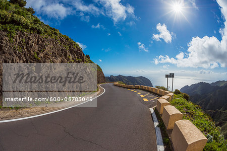 Mountain Pass Road with Sun, Teno Mountains, Masca, Tenerife, Canary Islands, Spain