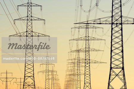 Electricity Pylons at Sunset, Hesse, Germany