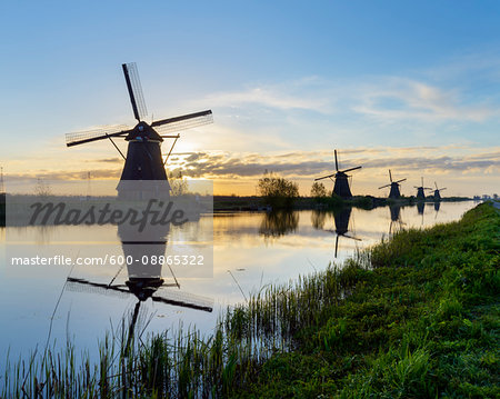 Windmills at Sunrise, Kinderdijk, South Holland, Netherlands