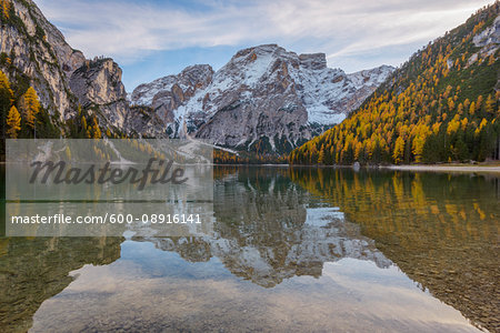 Croda del Becco (Seekofel) reflected in Braies Lake in autumn, Prags Dolomites, South Tyrol, (Bozen Province) Trentino Alto Adige, Italy