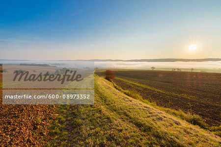 Countryside with pathway and morning mist over the fields at sunrise in the community of Grossheubach in Bavaria, Germany