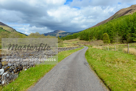 Scottish single track road in spring along the River Orchy in Scotland, United Kingdom