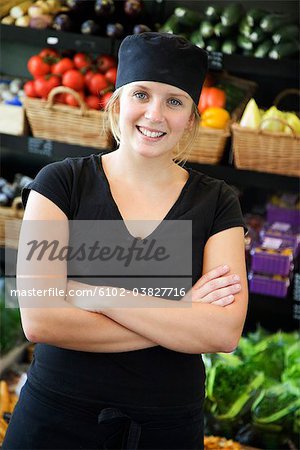 Portrait of a female greengrocer, Sweden.