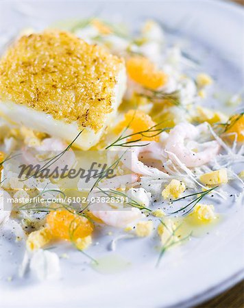Codfish and shrimps, close-up, Sweden.