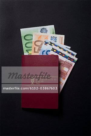 Euro bills and a passport, close-up.