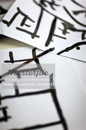 Close up of chinese signs caligraphed on paper