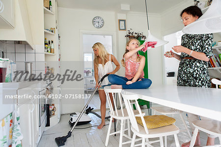 Mother with daughters tidy up