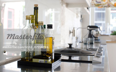 Bottles on kitchen worktop, close-up