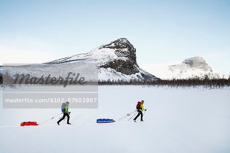 People skiing, Sarek national park, Lapland, Sweden