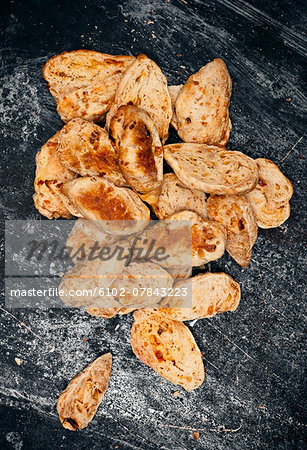 Crisp breads with cheese and chili pepper, directly above