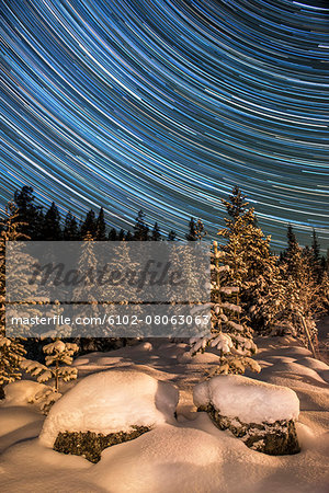 Winter landscape with star trails