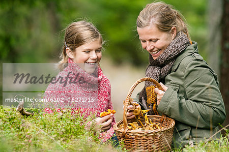 Mother with daughter picking chanterelles