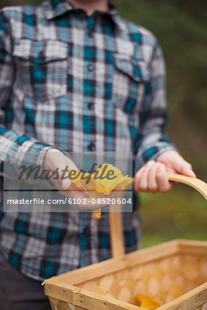 Child holding mushroom in one hand and basket in other