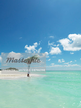 Woman holding palm leaf on tropical beach