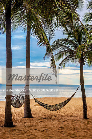 Hammocks hanging on beach, Thailand