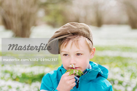 Boy smelling anemone
