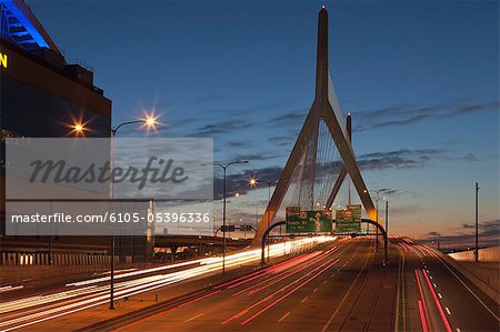 Bridge at dusk, Leonard P. Zakim Bunker Hill Bridge, Boston, Massachusetts, USA