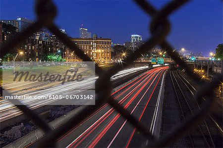 Streaks of traffic lights on the street at night, Mass Avenue, Berkeley Street, Boston, Massachusetts, USA