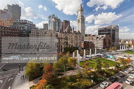 Skyscrapers in a city, Rose Kennedy Greenway, Custom House, Grain Exchange Building, Boston, Massachusetts, USA